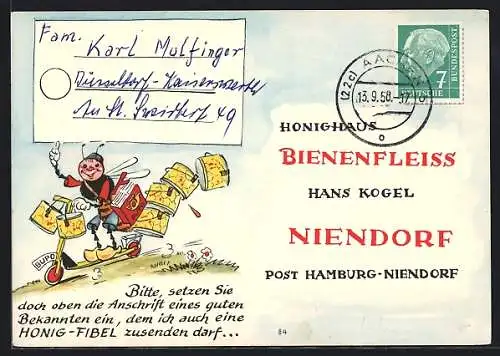 AK Niendorf, Honighaus Bienenfleiss v. H. Kogel, Reklame für Bienen-Fibel, Biene fährt mit einem Roller