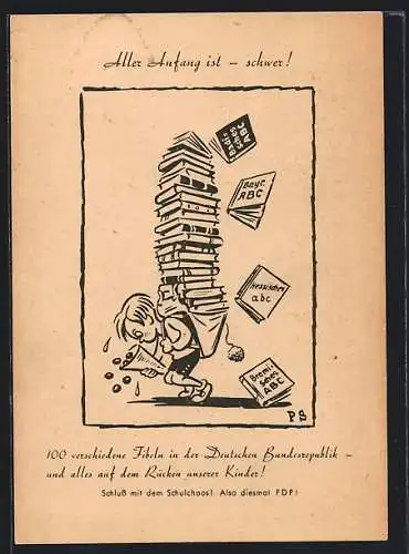 AK FDP Wahlwerbung, Schulkind trägt 100 verschiedene Fibeln auf seinem Rücken