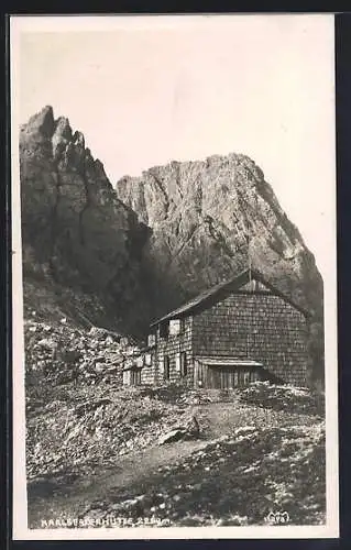 Foto-AK Karlsbaderhütte, Ansicht mit Bergen