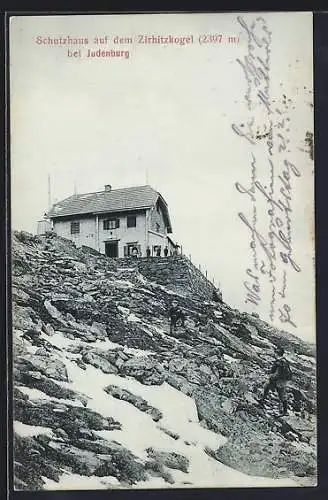 AK Schutzhaus auf dem Zirhitzkogel, Blick hoch auf den Berg zur Hütte