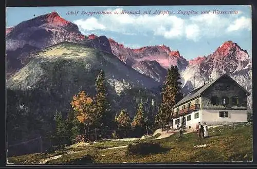 AK Adolf Zoeppritzhaus, Berghütte am Kreuzeck mit Alpspitze, Zugspitze und Waxenstein