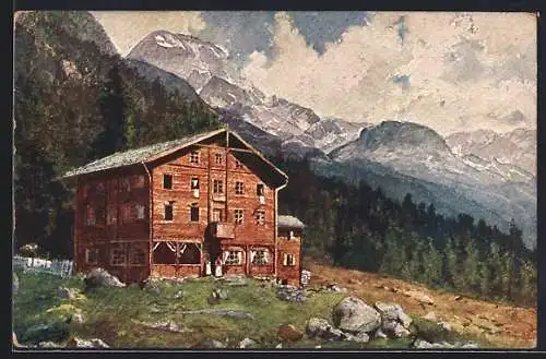 Künstler-AK Dominikushütte, Aussenansicht der Berghütte im Zamsergrund