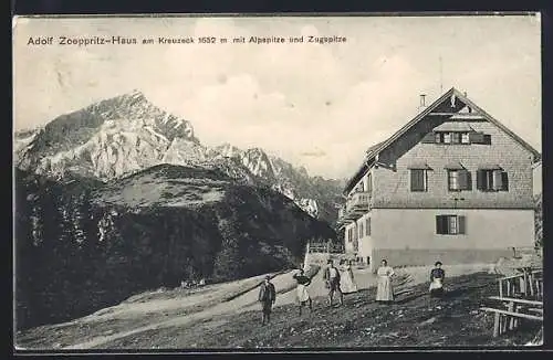 AK Adolf Zoeppritz-Haus, Berghütte am Kreuzeck mit Alpspitze und Zugspitze