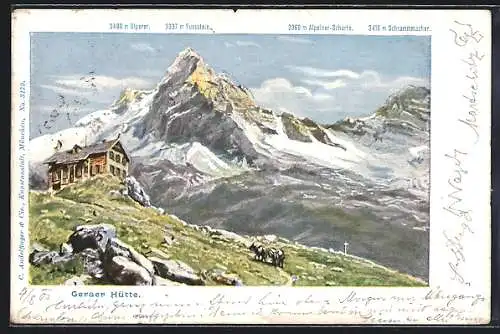 Künstler-AK Geraer Hütte, Blick auf Berghütte mit Fussstein und Alpeiner-Scharte