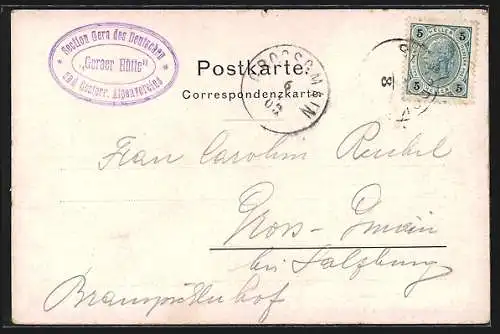 Künstler-AK Geraer Hütte, Blick auf Berghütte mit Fussstein und Alpeiner-Scharte