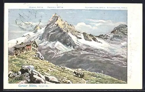 Künstler-AK Geraer Hütte, Olperer, Fussstein, Alpeinerscharte