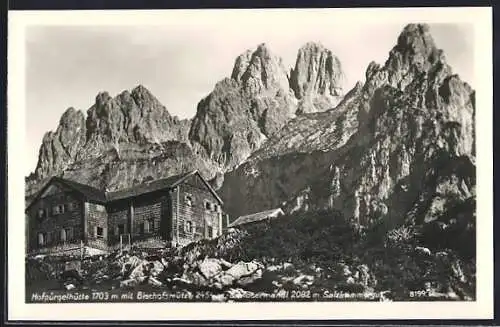 AK Hofpürglhütte mit Bischofsmütze und Mosermandl, Blick den Hang hinauf zur Berghütte im Salzkammergut