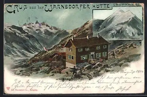 Künstler-AK Warnsdorfer Hütte, Berghütte mit dem Gipfel des Venediger, Bergsteiger