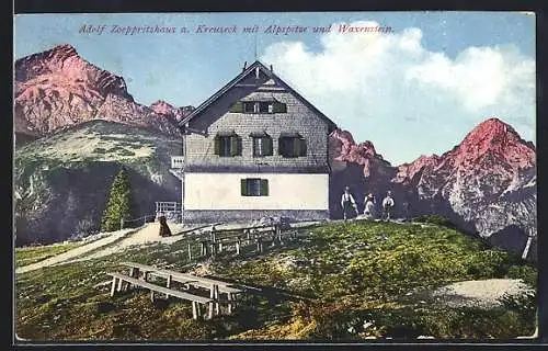 AK Adolf Zoeppritzhaus, Kreuzeckpartie mit Alpspitze und Waxenstein