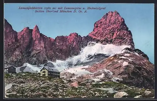 AK Lamsenjochhütte, Berghütte mit glühender Lamsenspitze und Hochnisslgrat