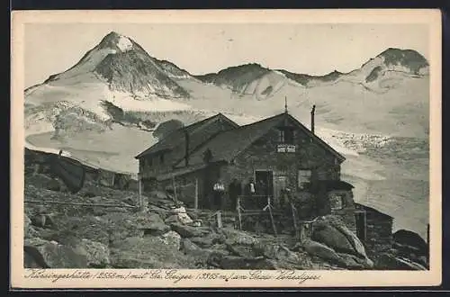 AK Kürsingerhütte, Berghütte mit davor stehenden Leuten