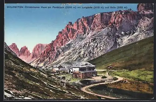 AK Christomanos Haus, Pordoijoch mit Langkofel und Sella