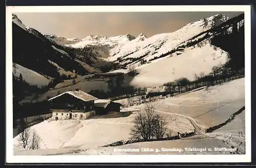 AK Saalbach, Simonshaus gegen Gamshag, Tristkogel und Staffkogel im Schnee