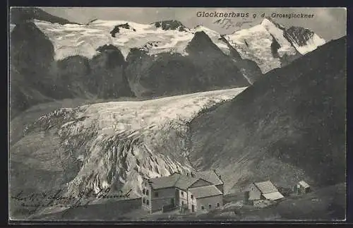 AK Glocknerhaus, Blick auf die Berghütte hinab gegen Grossglockner