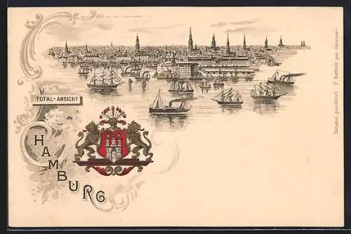 Passepartout-Lithographie Hamburg, Totalansicht mit Hafen, Wappen mit Ritterhelm
