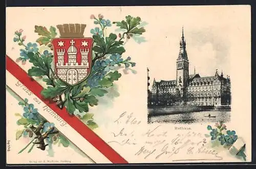 Passepartout-Lithographie Hamburg, Rathaus, Wappen, Vergissmeinnicht und Eichenzweig