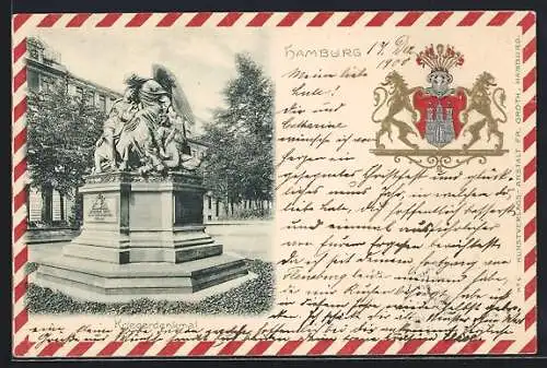 Passepartout-Lithographie Hamburg-Neustadt, Blick auf das Kriegerdenkmal, Wappen mit Ritterhelm