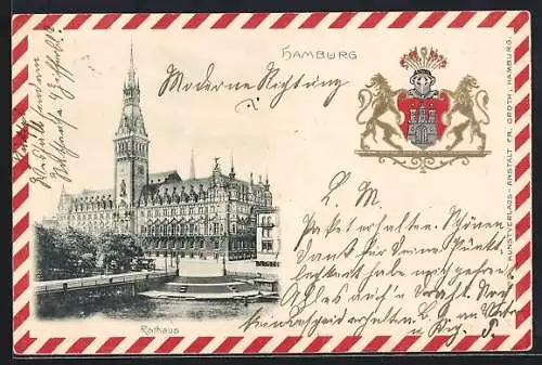 Passepartout-Lithographie Hamburg, Partie am Rathaus, Wappen mit Ritterhelm