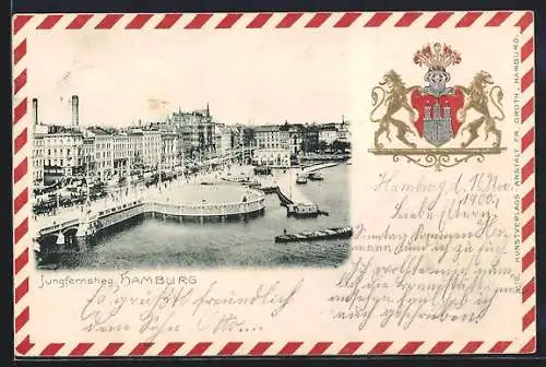 Passepartout-Lithographie Hamburg-Neustadt, Blick auf den Jungfernstieg, Wappen