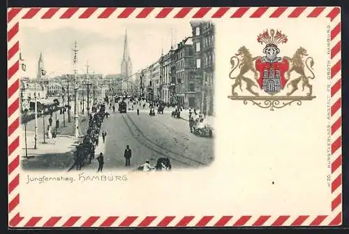 Passepartout-Lithographie Hamburg-Neustadt, Strassenbahn und Passanten auf dem Jungfernstieg, Wappen