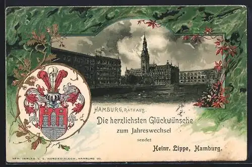 Passepartout-Lithographie Hamburg, Blick auf das Rathaus, Wappen