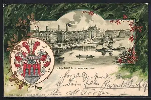 Passepartout-Lithographie Hamburg-Neustadt, Blick zum Jungfernstieg & Stadtwappen