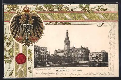 Passepartout-Lithographie Hamburg, Partie am Rathaus, Reichsadler mit Wappen und Eichenzweig