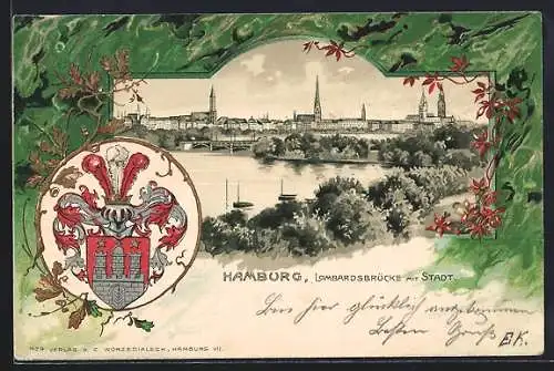 Passepartout-Lithographie Hamburg-Neustadt, Lombardsbrücke mit Stadt, Wappen