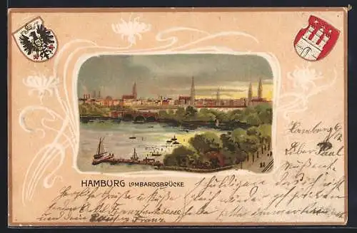 Passepartout-Lithographie Hamburg-Neustadt, Blick auf die Lombardsbrücke, Wappen der Stadt Hamburg