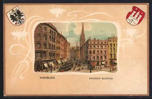 Passepartout-Lithographie Hamburg-St. Pauli, Grosser Burstah und Wappen