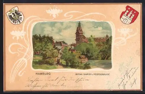 Passepartout-Lithographie Hamburg, Botanischer Garten und Postgebäude