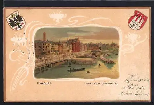 Passepartout-Lithographie Hamburg-Neustadt, Alter und neuer Jungfernstieg, Wappen