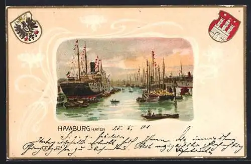 Passepartout-Lithographie Hamburg, Hafen mit Schiffen, Wappen