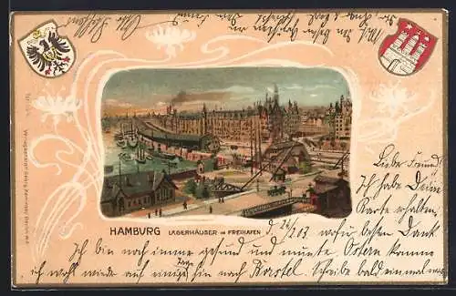 Passepartout-Lithographie Hamburg, Lagerhäuser am Freihafen, Wappen