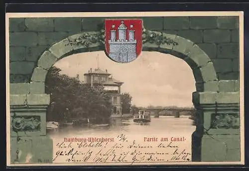 Passepartout-Lithographie Hamburg-Uhlenhorst, Partie am Kanal, Steinmauer mit Wappen