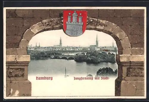 AK Hamburg-Neustadt, Jungfernstieg mit Stadt, Stadtwappen