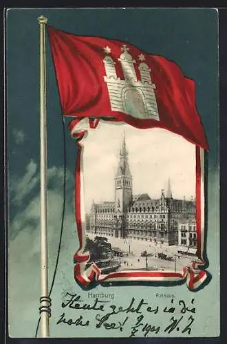 Passepartout-Lithographie Hamburg, Partie am Rathaus, Gehisste Fahne mit Wappen