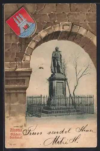 Passepartout-Lithographie Hamburg-Altona, Blick auf das Blücher-Denkmal, Steinmauer mit Wappen