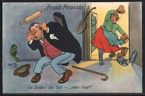 Künstler-AK Arthur Thiele: wütende Ehefrauwirft ihrem Mann Nudelholz, Töpfe und Bratpfanne an den Kopf