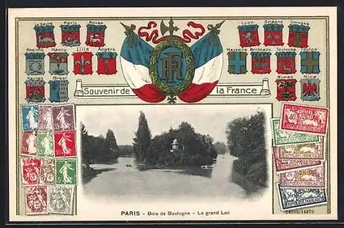 AK Paris, Bois de Boulogne, Le grand Lac mit Briefmarken und Wappen von Toulouse, Toulon, Rheims, Rouen...