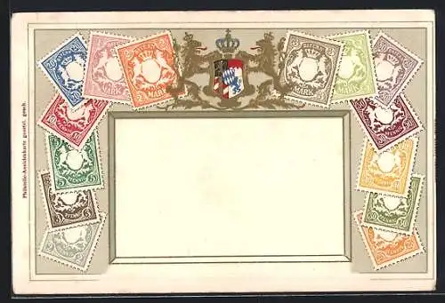 AK Bayern, Briefmarken mit Wappen, um 1900