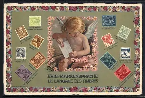 AK Briefmarkensprache / Le Langage des Timbres, Engelchen mit Liebesbrief