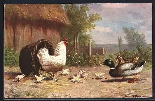 Künstler-AK Huhn, auf dem Huf mit Enten und Küken