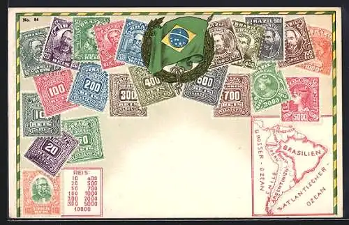 AK Briefmarken, Kranz mit brasilianischer Flagge