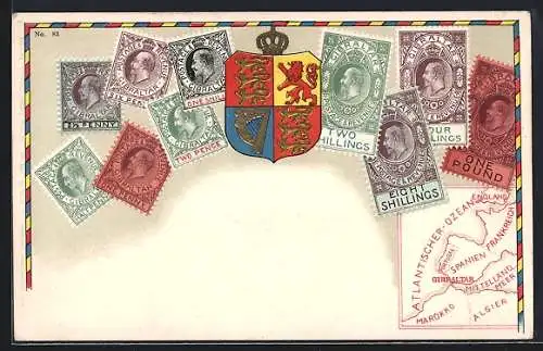 AK Briefmarken aus Gibraltar, Landkarte unten