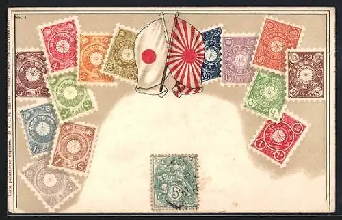 AK Japan, Briefmarken mit Flagge