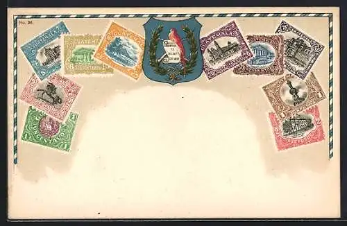 AK Guatemala, Briefmarken aus Guatemala mit Wappen