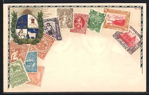 AK Uruguay, Wappen & versch. Briefmarken