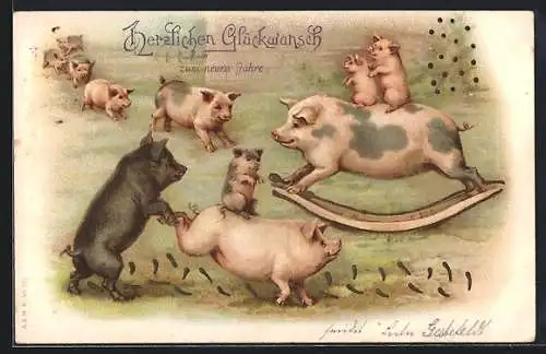 Lithographie Schweine spielen Schubkarre, Schaukelschwein