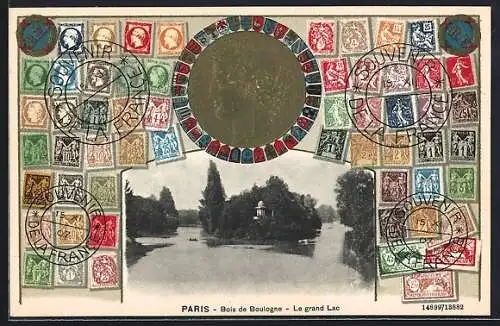 Passepartout-AK Paris, Bois de Boulogne, le grand Lac, Briefmarken